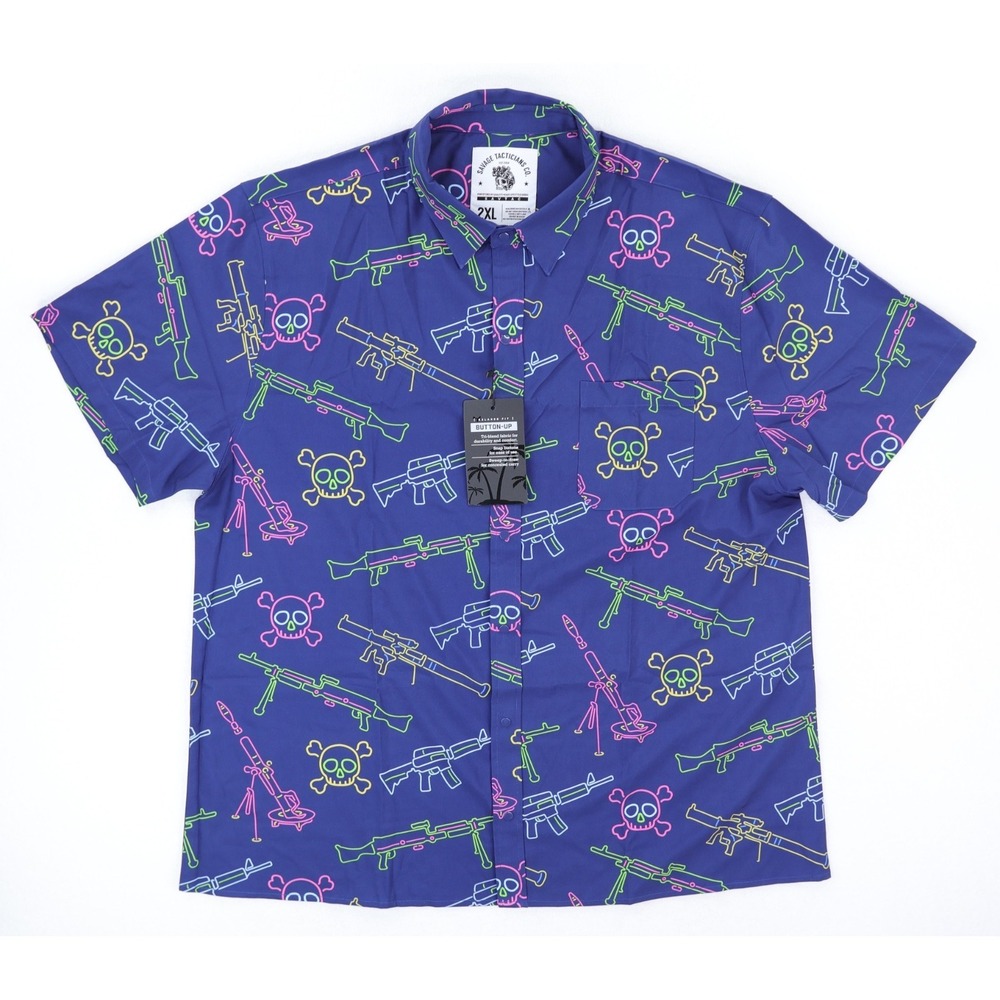 Savage Tacticians Neon Lights & Gun Fights Shirt Mens XXL Blue Short Sleeve NWT